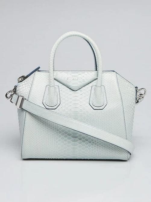 Givenchy Blue Clair Python Leather Small Antigona Bag: Handle Drop: 3.5" and 12.5" Measurements: 11" L x 6.5" W x 9.5" H. Includes: Dust bag, tag/booklet, and material swatch. Condition: Pre-owned - Good,Brand: Givenchy,Exterior Material: Leather,Python,S