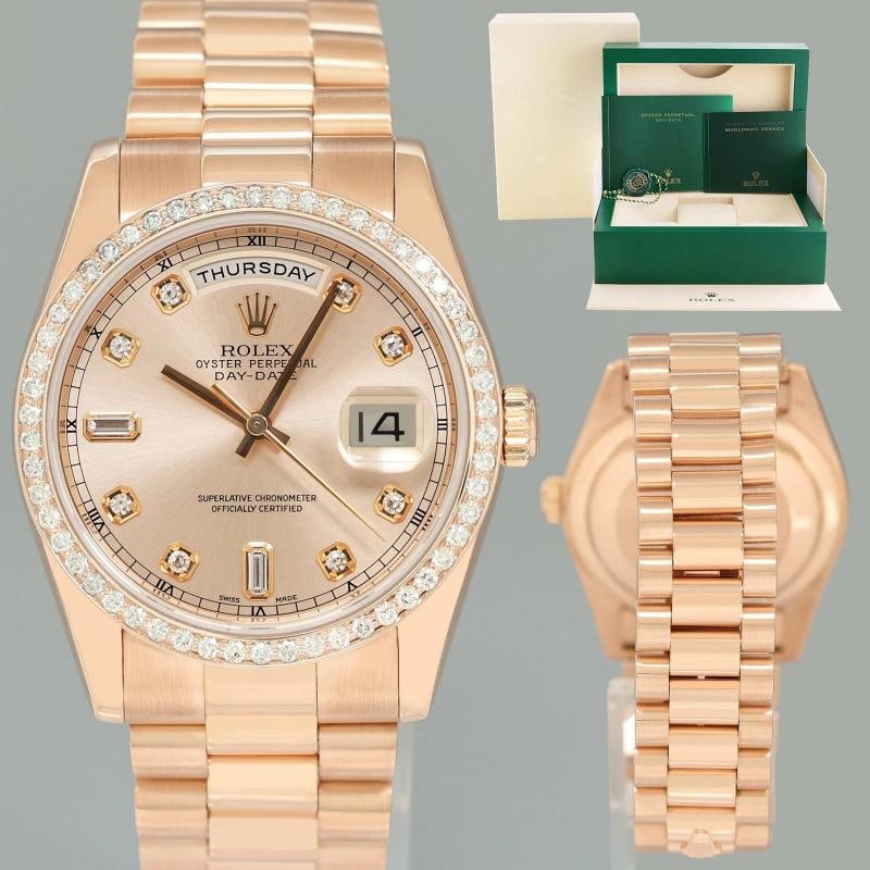MINT Rolex President Day Date Rose Gold 118235 Sundust Diamond 36mm Watch Box: Brand Rolex (Guaranteed Authentic) Model Day-Date President Reference Number 118235 Serial Number K Metal Rose Gold Case Size 36.00mm Wrist Size This watch will currently comfortably fit a wrist up