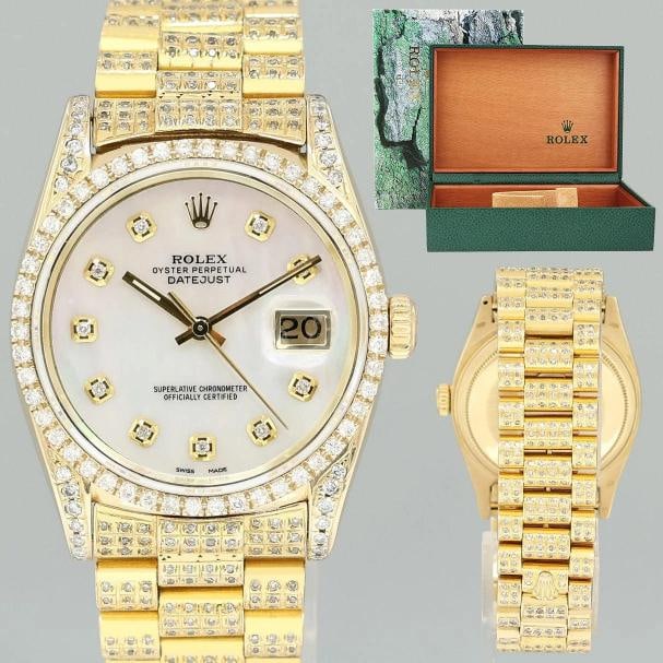 Rolex DateJust 36mm 16018 Yellow Gold Mother of Pearl Diamond President Band Box: Brand Rolex (Guaranteed Authentic) Model DateJust Reference Number 16018 Serial Number R Gender Unisex Metal Yellow Gold Case Size 36.00mm Wrist Size This watch will currently comfortably fit a wrist
