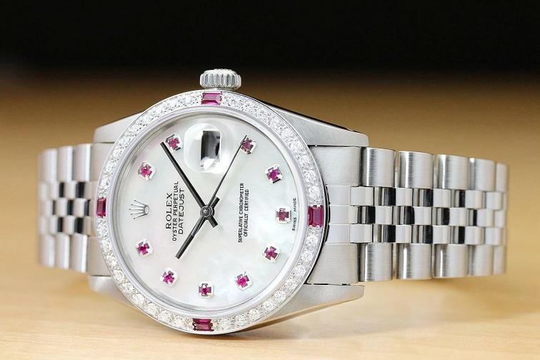 MENS ROLEX DATEJUST 16014 MOTHER OF PEARL RUBY DIAMOND 18K WHITE GOLD SS WATCH - 2