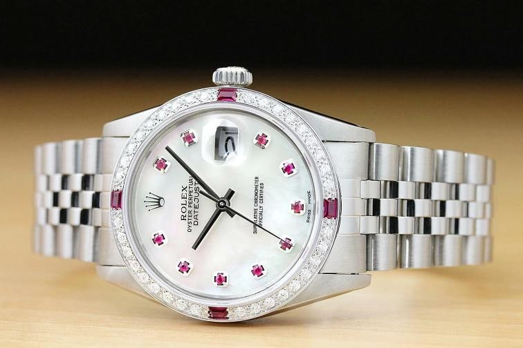 MENS ROLEX DATEJUST 16014 MOTHER OF PEARL RUBY DIAMOND 18K WHITE GOLD SS WATCH - 3