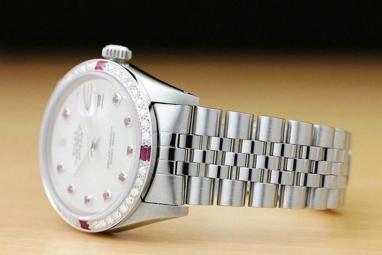 MENS ROLEX DATEJUST 16014 MOTHER OF PEARL RUBY DIAMOND 18K WHITE GOLD SS WATCH - 4