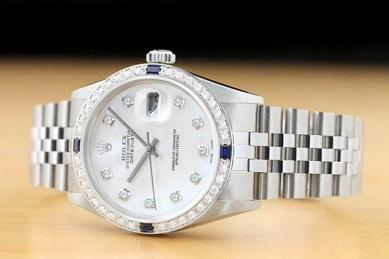 MENS ROLEX DATEJUST 16014 WHITE MOTHER OF PEARL DIAMOND SAPPHIRE QUICKSET WATCH - 2