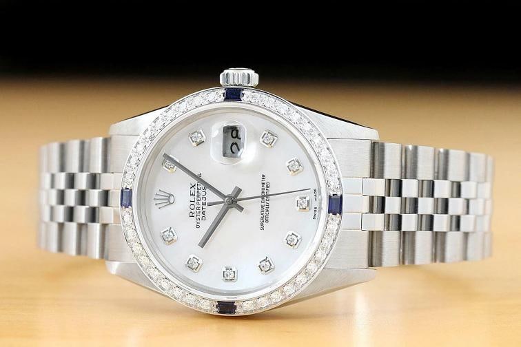 MENS ROLEX DATEJUST 16014 WHITE MOTHER OF PEARL DIAMOND SAPPHIRE QUICKSET WATCH - 3