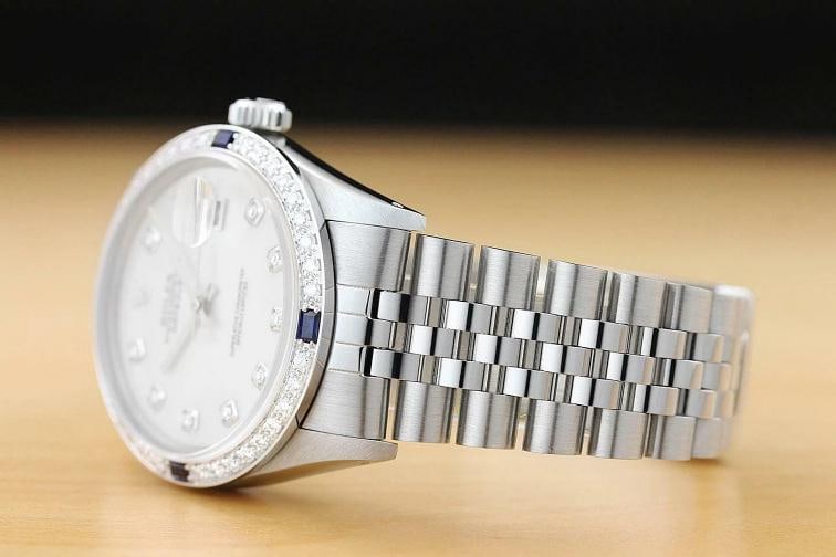 MENS ROLEX DATEJUST 16014 WHITE MOTHER OF PEARL DIAMOND SAPPHIRE QUICKSET WATCH - 4