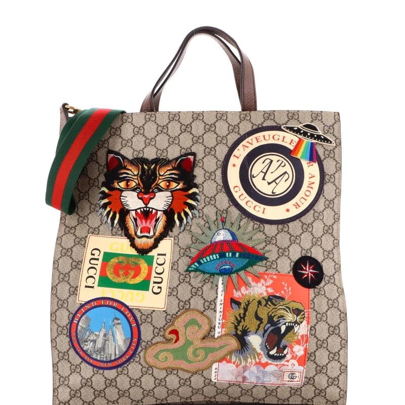Gucci Courrier Convertible Soft Open Tote GG Coated Canvas with Applique North: Condition: Pre-owned - Good,Brand: Gucci,Exterior Material: Canvas Coated,Style: Totes,Exterior Color: Brown,Department: Women,Size: North South,Accessories: With Strap Condition: Good. Exterior:
