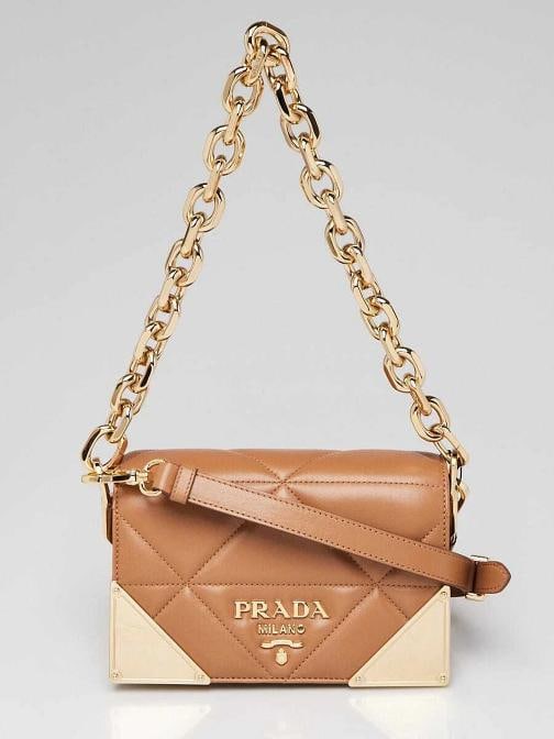 Prada Caramel Quilted Nappa Stitched Shoulder Bag 1BD333: Handle Drop: 8" and 19" -adjustable Measurements: 7.5" L x 3.5" W x 4.75" H. Includes: Dust bag, booklets, attached tag. Condition: Pre-owned - Good,Brand: Prada,Exterior Material: Leather,Style: