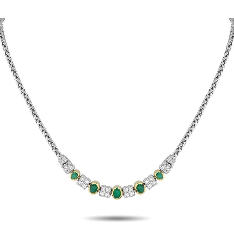 18K White and Yellow Gold 1.65ct Diamond and Emerald Necklace: approximately 2.00 carats of emeralds and the brilliance of 1.65 carats of diamonds.In estate condition. Condition: Pre-owned - Good: This item has been gently used but is in good condition. It might 