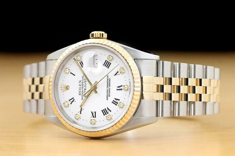 ROLEX MENS DATEJUST 16233 FACTORY ROMAN DIAMOND DIAL 18K YELLOW GOLD STEEL WATCH - 2