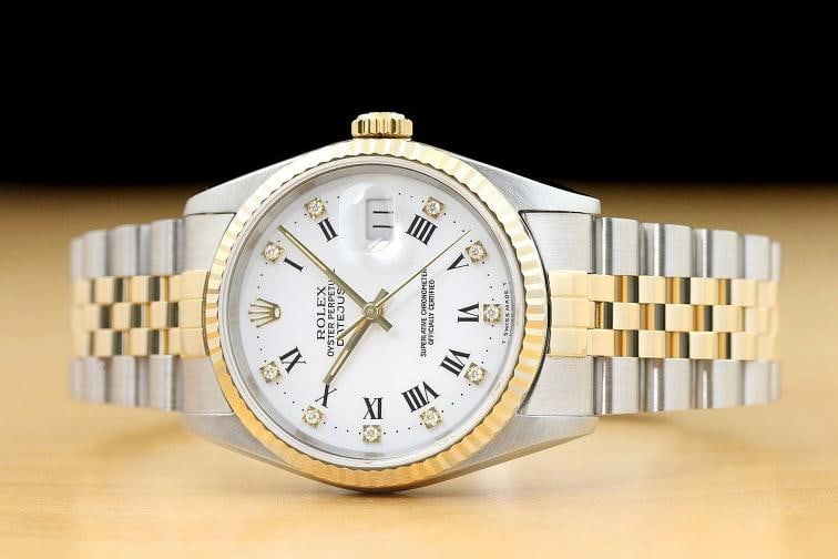 ROLEX MENS DATEJUST 16233 FACTORY ROMAN DIAMOND DIAL 18K YELLOW GOLD STEEL WATCH - 3