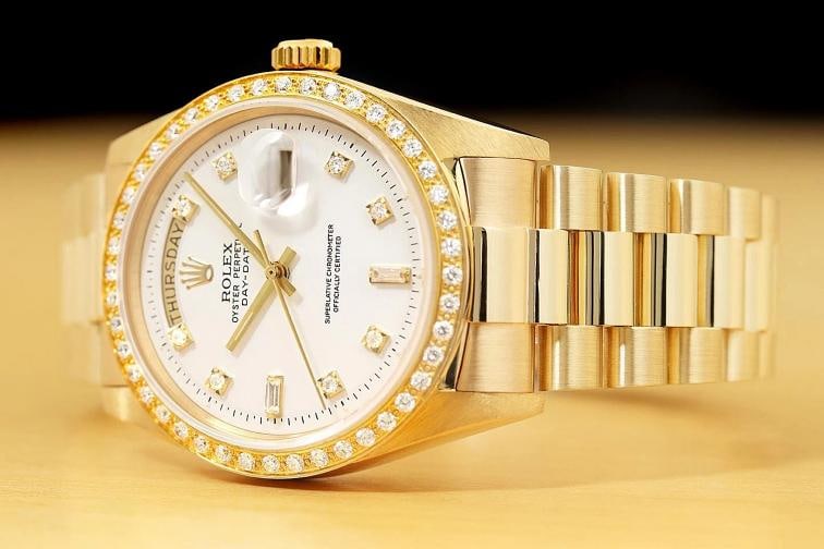 ROLEX MENS DAY-DATE PRESIDENT 1803 WHITE DIAL DIAMOND 18K YELLOW GOLD WATCH - 2