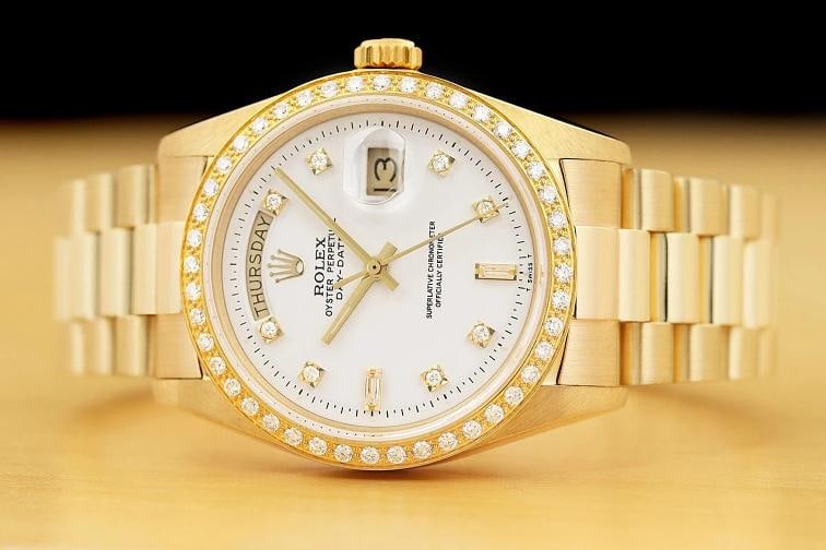 ROLEX MENS DAY-DATE PRESIDENT 1803 WHITE DIAL DIAMOND 18K YELLOW GOLD WATCH - 3