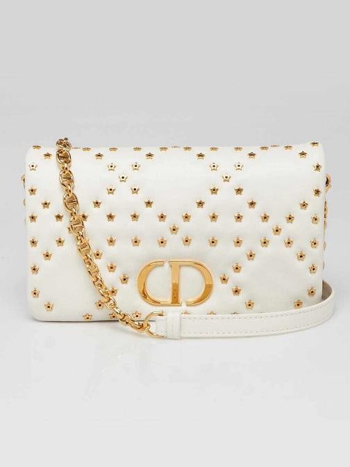 Christian Dior Latte Macrocannage Star Quilted Calfskin Leather Mini Caro Bag: Handle Drop: 19" Measurements: 7.75" L x 2" W x 4.75" H. Condition: Pre-owned - Good,Brand: Christian Dior,Exterior Material: Leather,Style: Crossbody Bags,Everyday Bags,Exterior Color: White,Departme