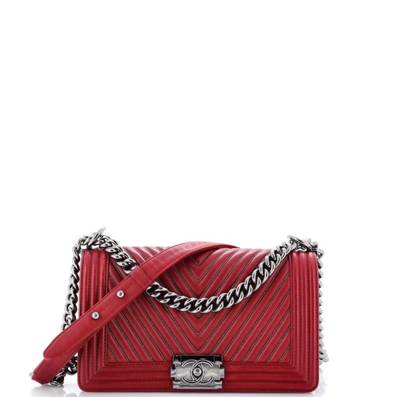 Chanel Boy Flap Bag Chevron Calfskin with Micro Chain Detail Old Medium: Condition: Pre-owned - Good,Brand: Chanel,Exterior Material: Leather,Style: Shoulder Bags,Exterior Color: Red,Department: Women,Size: Old Medium