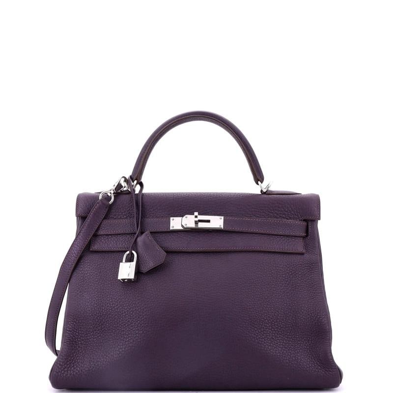 Hermes Kelly Handbag Purple Clemence with Palladium Hardware 32: Condition: Pre-owned - Good,Brand: Hermes,Exterior Material: Leather,Style: Top Handle,Exterior Color: Purple,Department: Women,Size: 32,Accessories: Clochette, Lock, Dust Bag, Keys, With Strap