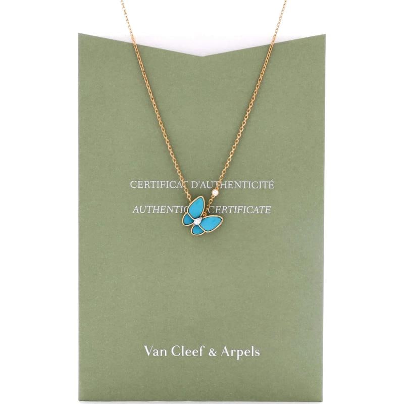 Van Cleef & Arpels Two Butterfly Pendant Necklace 18K Yellow Gold with Turquoise - 2