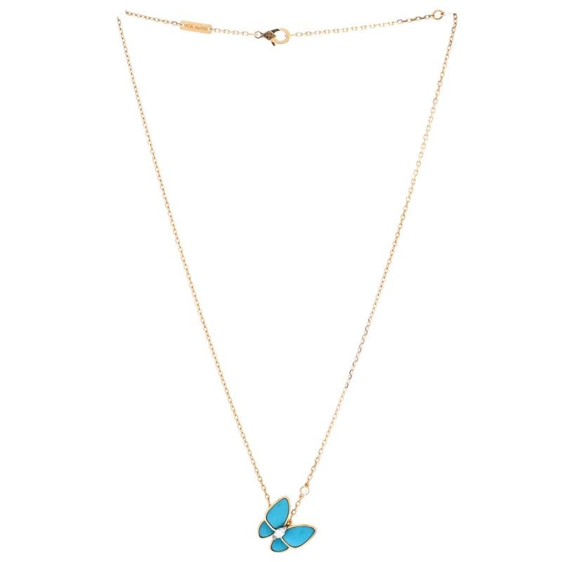 Van Cleef & Arpels Two Butterfly Pendant Necklace 18K Yellow Gold with Turquoise - 3