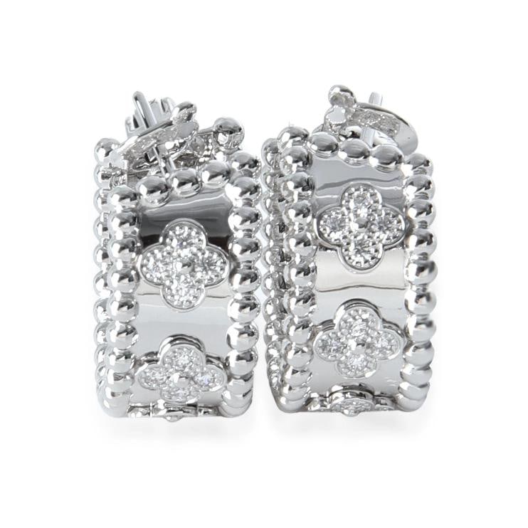 Van Cleef & Arpels White Gold Diamond Perlee Clovers Hoop Earrings: Condition: Pre-owned - Good,Shape: Round Brilliant,Item Length: 19 mm,Country of Origin: France,With Papers: Yes,Side Stone Type: Diamond,Side Stone Weight (cts): 0.62,Metal Purity: 18k,With Original
