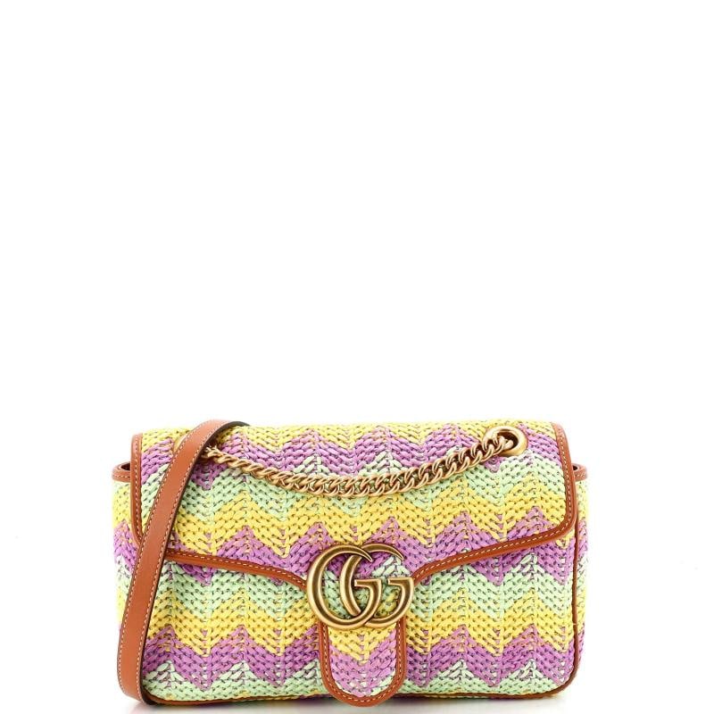 Gucci GG Marmont Flap Bag Woven Raffia Small: Measurements: Height 6.5", Width 9.5", Depth 3" . Condition: Pre-owned - Excellent,Brand: Gucci,Exterior Material: Raffia,Style: Shoulder Bags,Exterior Color: Multicolor,Department: Women,Size: Small
