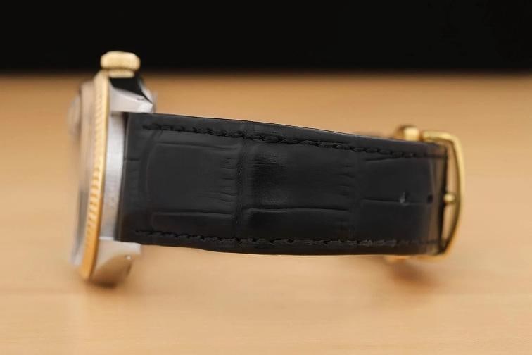 ROLEX MENS DATEJUST 16013 18K YELLOW GOLD STEEL CHAMPAGNE BLACK LEATHER WATCH - 5