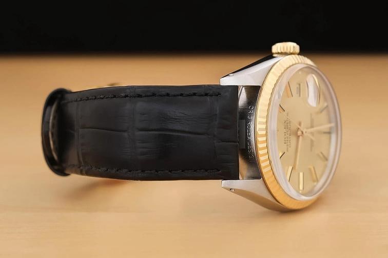 ROLEX MENS DATEJUST 16013 18K YELLOW GOLD STEEL CHAMPAGNE BLACK LEATHER WATCH - 7