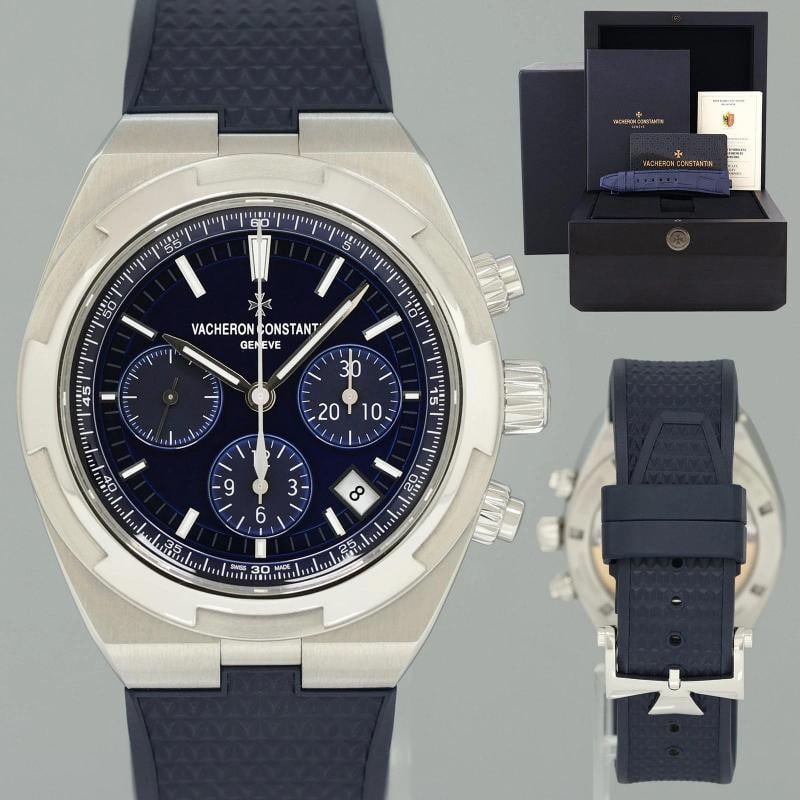 PAPERS MINT Vacheron Constantin Overseas Blue 5500V 42mm Steel Chronograph Watch: Case & Dial Case Material: Vacheron Constantin Stainless Steel Case Size: 42mm Bezel: Vacheron Constantin Steel Crystal: Vacheron Constantin Sapphire Dial: Vacheron Constantin Blue Chrono Movement &