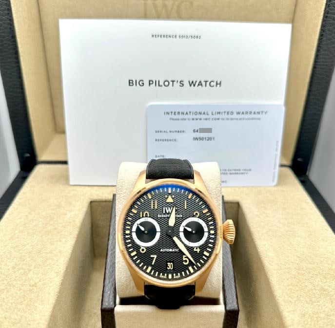 IWC Big Pilot AMG G 63 Special Edition IW501201 18k Rose Armor Gold Box Paper: Style Number: IW501201 Model: IWC Big Pilot AMG G 63 Special Edition Case Material: 18k Armor Rose Gold Band: Rubber Strap Bezel: 18k Armor Rose Gold Dial: Black Crystal: Sapphire Case Size: 46.2mm