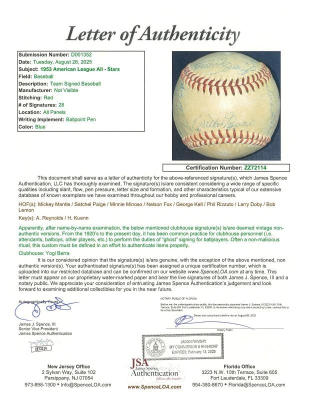 1953 All Star Game Team Signed Baseball Mickey Mantle Satchel Paige JSA COA - 7
