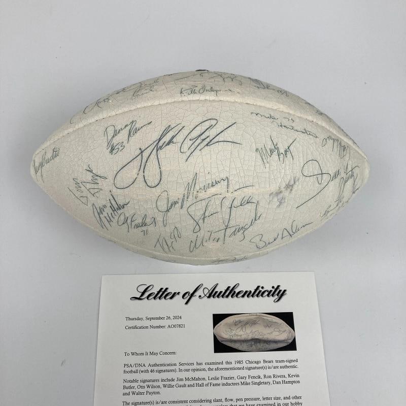 1985 Super Bowl Champs Chicago Bears Team Signed Football Walter Payton PSA DNA: 46 signatures: WALTER PAYTON DAN HAMPTON MIKE SINGLETARY MARK BORTZ KEVIN BUTLER WILLIE GAULT SHAUN GAYLE JIM McMAHON OTIS WILSON DAVE DUERSON KURT BECKER BRIAN CABRAL GARY FENCIK LESLIE FRAZIER ANDY