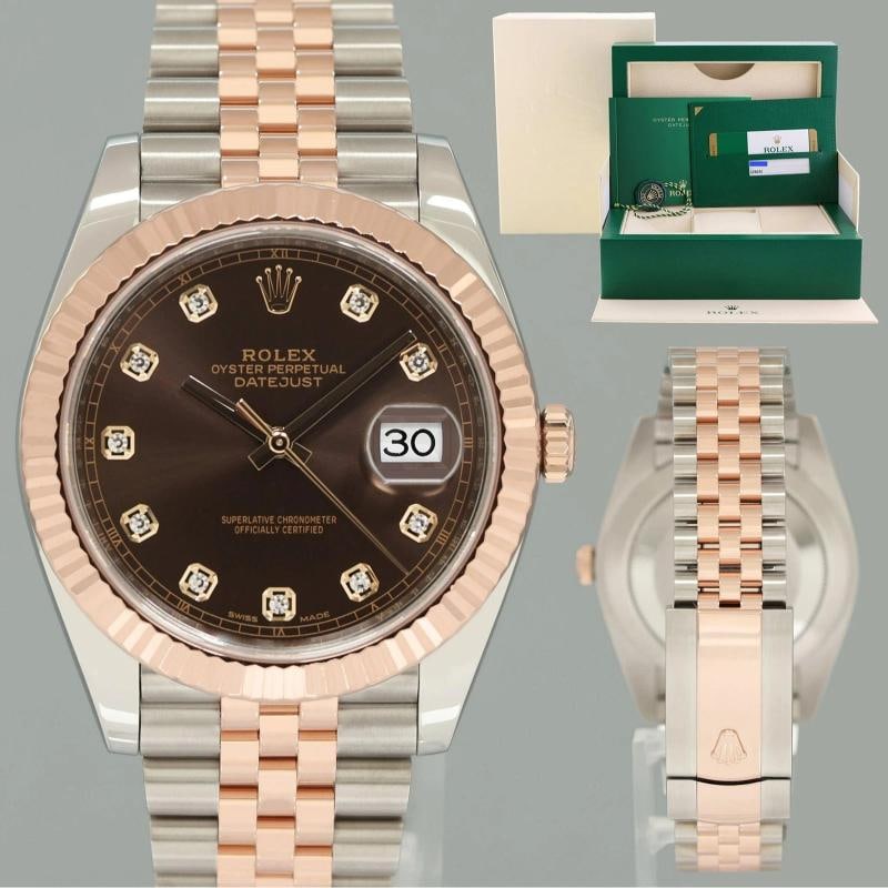 2018 NEW PAPERS Rolex DateJust 41 126331 Chocolate Diamond Rose Gold Two-Tone: Paperwork & Accessories Box: Yes, this item includes the Original Rolex Box. Papers: Yes, this watch comes with Original Rolex warranty papers as well as our certificate of appraisal and authenticity