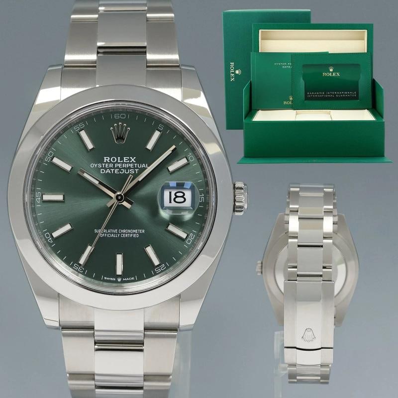 2026 NEW PAPERS Rolex DateJust 41 Steel 126300 Mint Green Oyster 41mm Watch Box: Case & Dial Case Material: Rolex Stainless Steel Case Size: 41mm Bezel: Rolex Stainless Steel Crystal: Rolex Sapphire Dial: Rolex Green Movement & Bracelet Movement: Rolex Automatic Bracelet Design:
