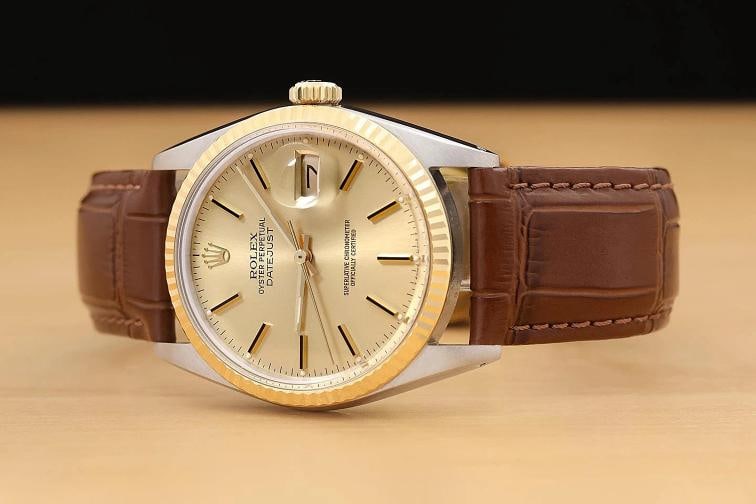 ROLEX MENS DATEJUST 16013 18K YELLOW GOLD STEEL CHAMPAGNE BROWN LEATHER WATCH - 2