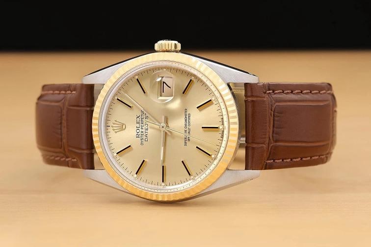 ROLEX MENS DATEJUST 16013 18K YELLOW GOLD STEEL CHAMPAGNE BROWN LEATHER WATCH - 3