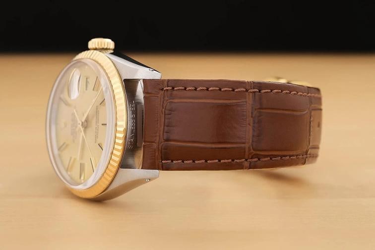 ROLEX MENS DATEJUST 16013 18K YELLOW GOLD STEEL CHAMPAGNE BROWN LEATHER WATCH - 4