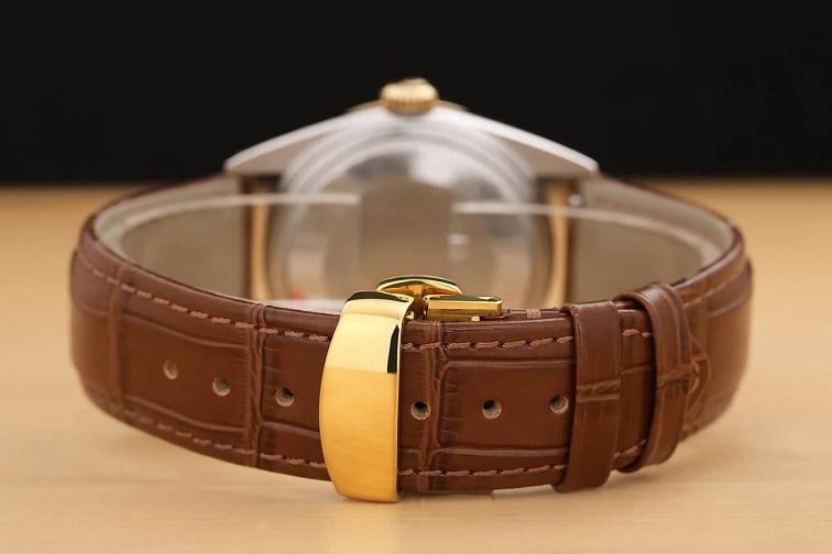 ROLEX MENS DATEJUST 16013 18K YELLOW GOLD STEEL CHAMPAGNE BROWN LEATHER WATCH - 6