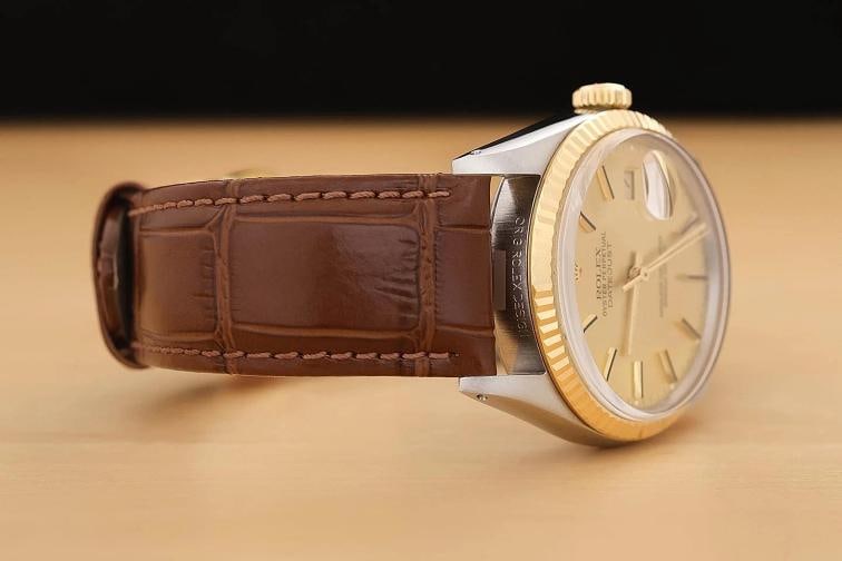 ROLEX MENS DATEJUST 16013 18K YELLOW GOLD STEEL CHAMPAGNE BROWN LEATHER WATCH - 7