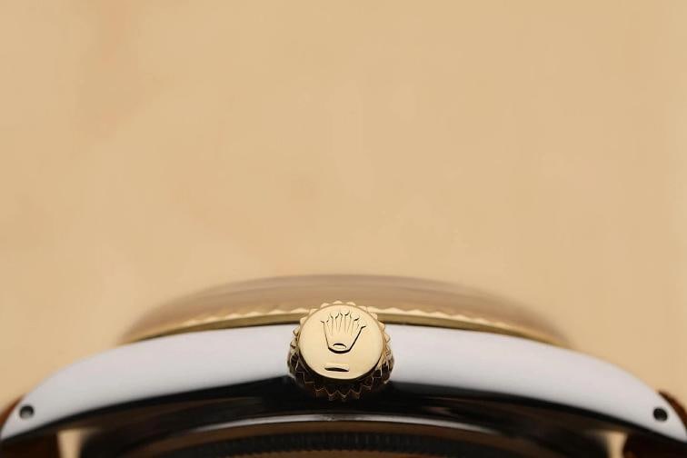 ROLEX MENS DATEJUST 16013 18K YELLOW GOLD STEEL CHAMPAGNE BROWN LEATHER WATCH - 9