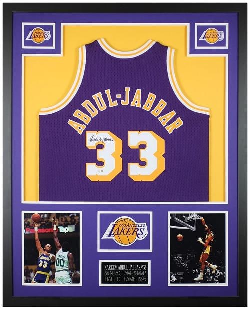 Kareem Abdul-Jabbar Signed & Custom Framed Jersey (Fanatics): Sport: Basketball-NBA,Product: Jersey,Original/Reprint: Original,Player: Kareem Abdul Jabbar,Team: Los Angeles Lakers,Autograph Authentication: Fanatics Authentic,Country of Origin: United