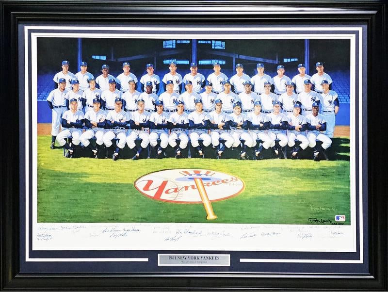 1961 Yankees Autographed Framed 24x36 Lithograph 34 Sigs Mantle Berra PSA/DNA: signed by 34 members of the 1961 New York Yankees. These members are: MICKEY MANTLE, YOGI BERRA, WHITEY FORD, BOB TURLEY, RALPH HOUK, BOBBY RICHARDSON, JOHNNY SAIN, BILL SKOWRON, RALPH TERRY, TOM TRES
