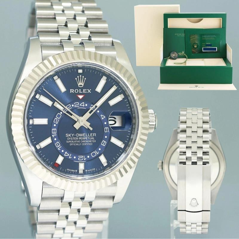 2024 NEW PAPERS Rolex Sky-Dweller Steel BLUE Jubilee Fluted 42mm 336934 Watch: Case & Dial Case Material: Rolex Stainless Steel Case Size: 42mm Bezel: Rolex White Gold Fluted Crystal: Rolex Sapphire Dial: Rolex Blue Movement & Bracelet Movement: Rolex Automatic Bracelet Design: 