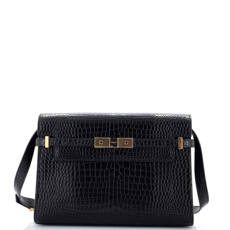 Saint Laurent Manhattan Shoulder Bag Crocodile Embossed Leather Medium: Condition: Pre-owned - Excellent,Brand: Saint Laurent,Exterior Material: Leather,Style: Shoulder Bags,Exterior Color: Black,Department: Women,Size: Medium,Accessories: With Strap Estimated Retail Pric
