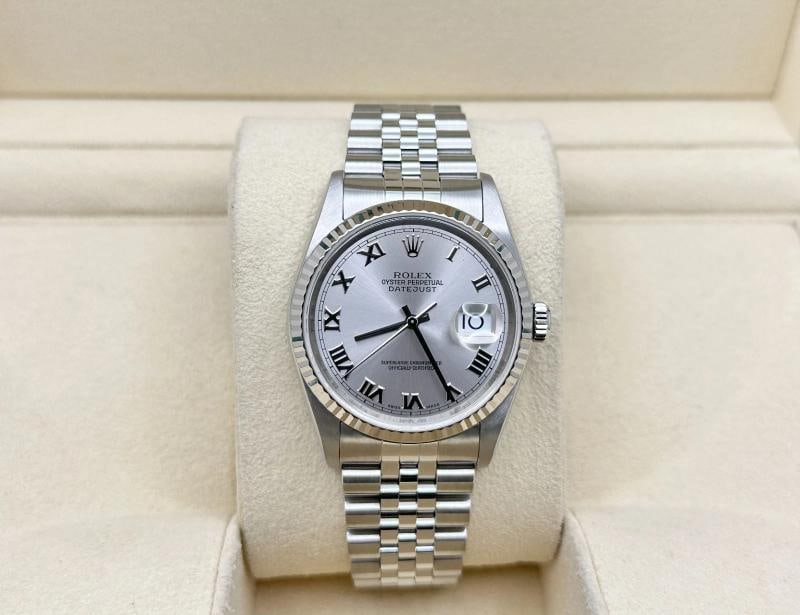2005 Rolex Datejust 16234 36mm Rhodium Roman Dial 18K Gold Bezel Steel Box Paper - 2