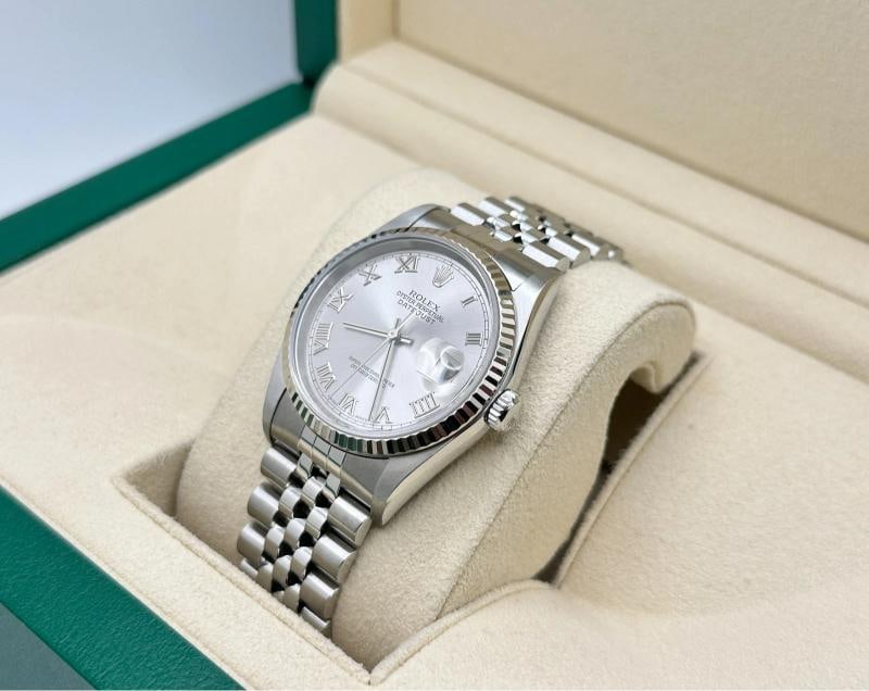 2005 Rolex Datejust 16234 36mm Rhodium Roman Dial 18K Gold Bezel Steel Box Paper - 3