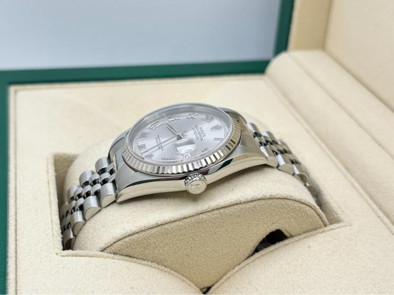2005 Rolex Datejust 16234 36mm Rhodium Roman Dial 18K Gold Bezel Steel Box Paper - 4