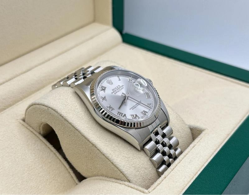2005 Rolex Datejust 16234 36mm Rhodium Roman Dial 18K Gold Bezel Steel Box Paper - 5