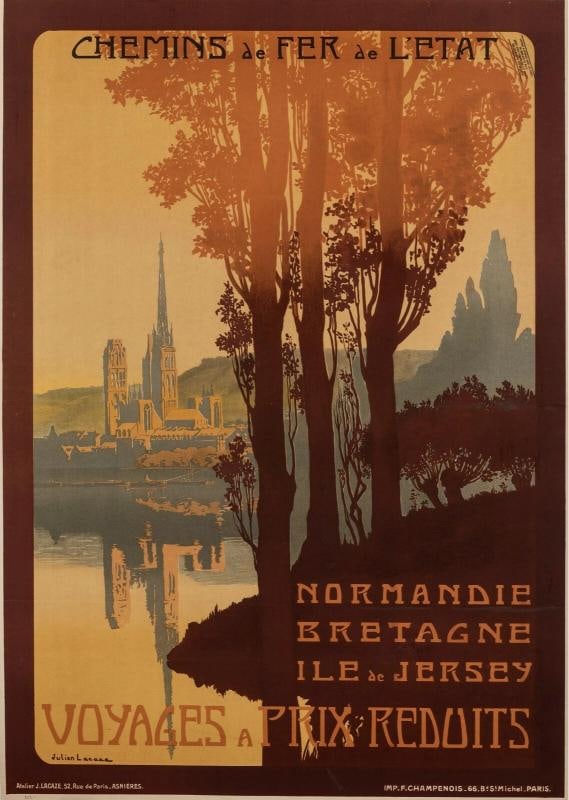Original Vintage Travel Poster - J. Lacaze - Normandy - Brittany - Jersey - 1910: Condition: Used,Features: Signed,Width (Inches): 29.5,Listed By: Dealer or Reseller,Subject: Travel,Size: Medium (up to 36in.),Height (Inches): 41.3,Date of Creation: 1900-1949,Artist: Julien