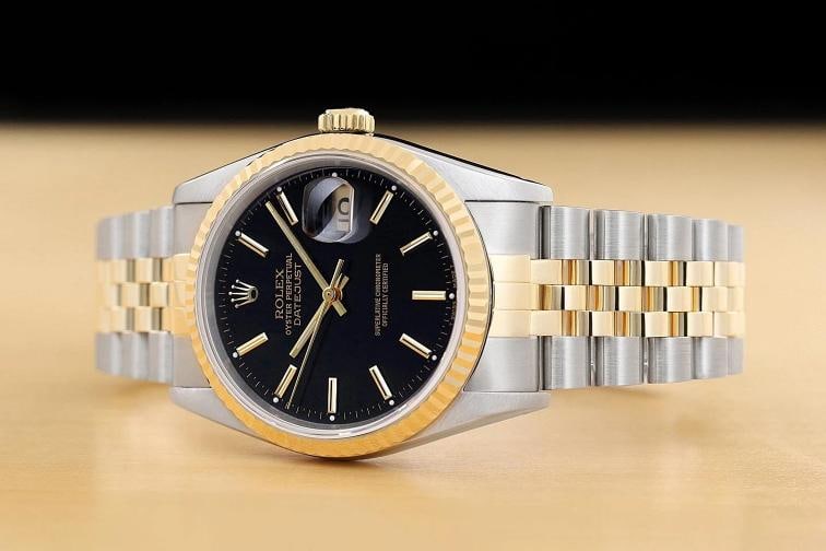 ROLEX MENS DATEJUST 16233 BLACK DIAL 18K GOLD STEEL TWO TONE WATCH w/ ROLEX BAND - 2