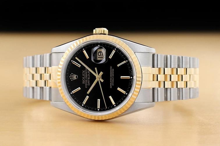 ROLEX MENS DATEJUST 16233 BLACK DIAL 18K GOLD STEEL TWO TONE WATCH w/ ROLEX BAND - 3