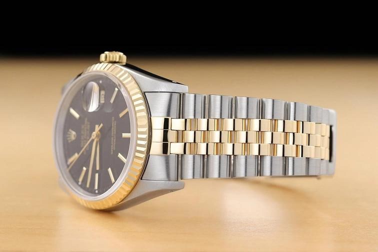 ROLEX MENS DATEJUST 16233 BLACK DIAL 18K GOLD STEEL TWO TONE WATCH w/ ROLEX BAND - 4