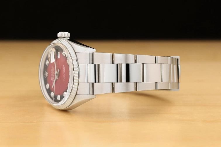 ROLEX MENS DATEJUST 16014 RED VIGNETTE DIAMOND DIAL 18K GOLD STEEL OYSTER WATCH - 4